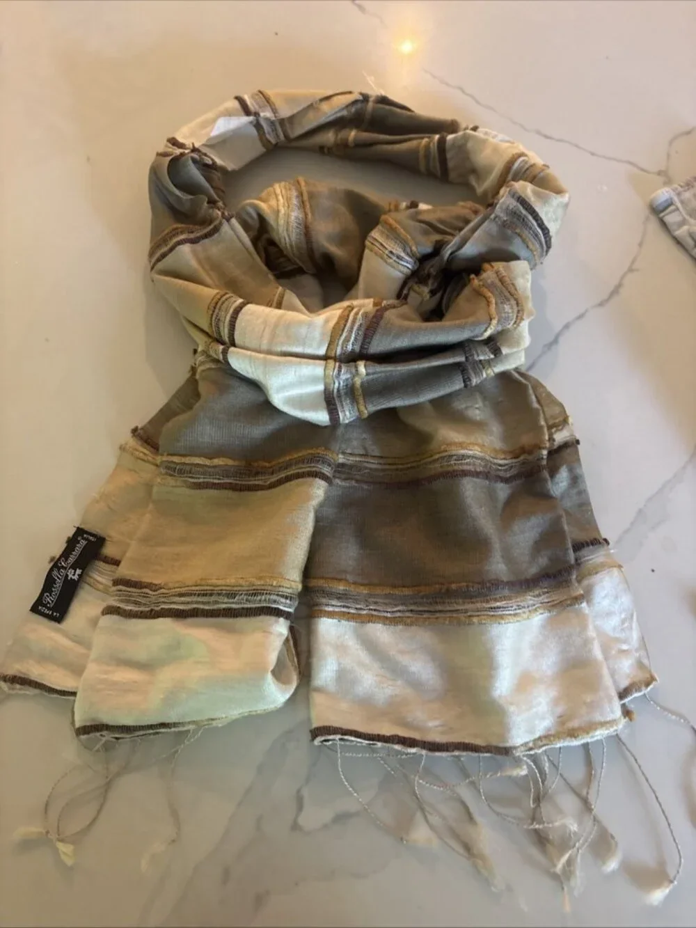 Rossella Carrara striped sheer scarf in a cream, beige, and brown colorway